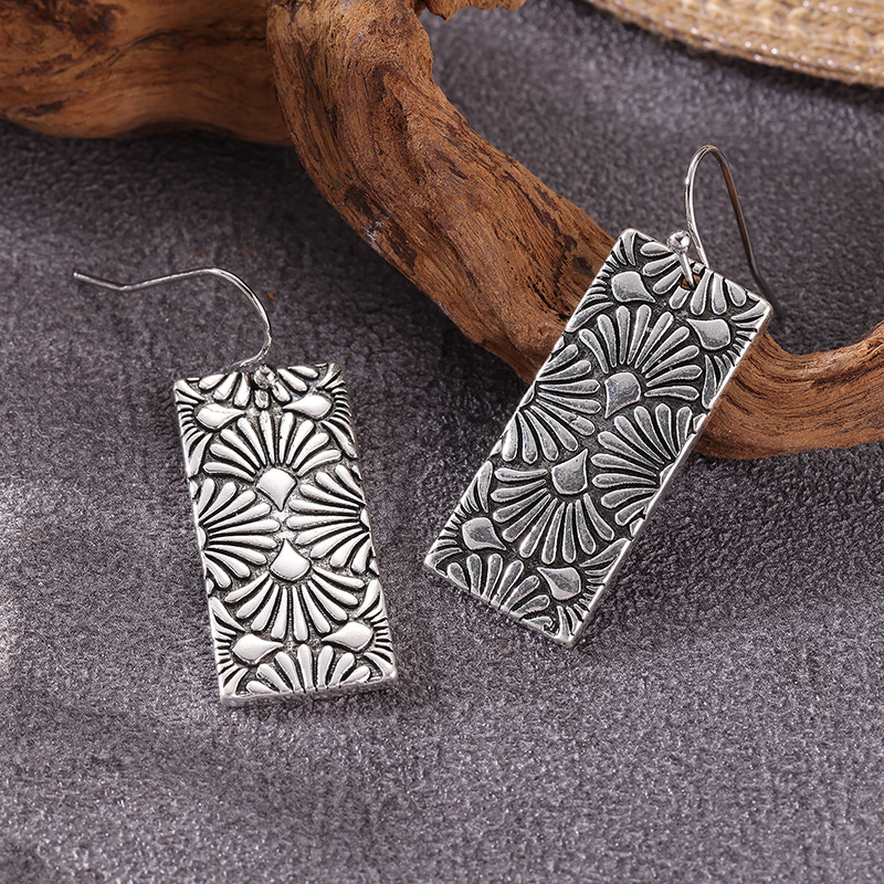 Vintage Rectangular Geometric Long Pendant Printed Pattern Earrings